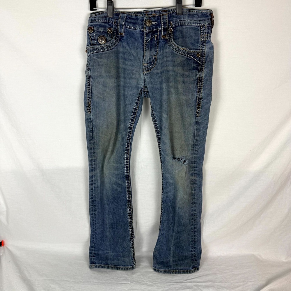 Vtg Rock Revival Jeans Women's 31 Blue Denim Slim Bootcut Distressed Embellished